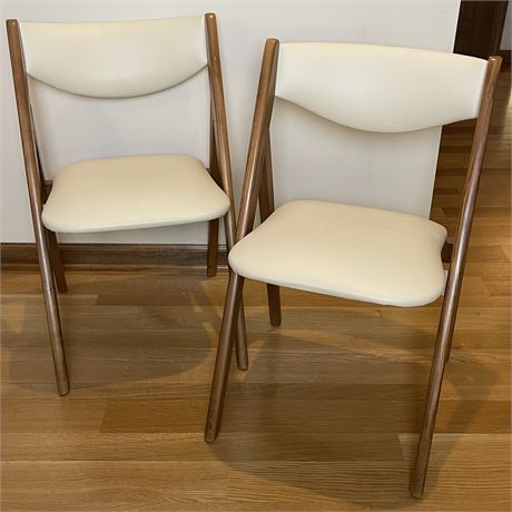 Pair of Stakmore Retro Modern Wood Folding Chairs w/ Upholstered Seats