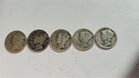 5  Mercury Dimes Silver
