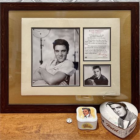 Elvis Presley 1995 “The Movies” Framed Memorabilia w/ Ceramic Trinket Dishes