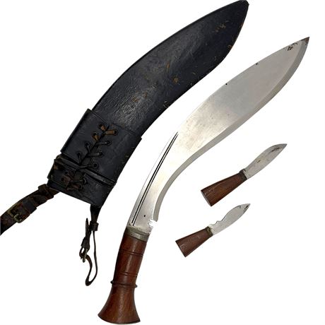 Gurkha Kukri Combat Knife w/ Chakmak & Karda Knives in Leather Sheath