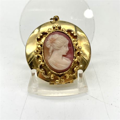 Vtg Gold Tone Cameo Locket Necklace Pendant