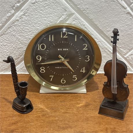 Vtg Big Ben Westclox Alarm Clock & Die-cast Instrument Pencil Sharpeners/Boxes