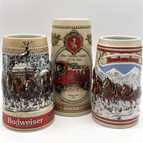 Collection of Vintage Beer Steins with Budweiser and Miller