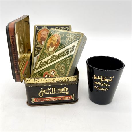 Jack Daniel's Advertising Sealed Playing Card in Tin and Shot Glass