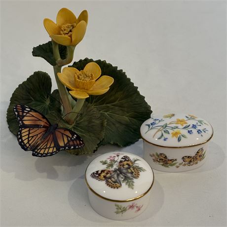 Ian D. Loe Porcelain Butterfly Floral Figurine w/ Bone China Trinket Boxes