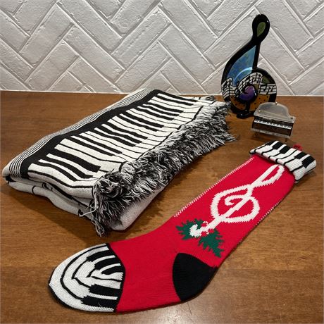 Piano/Music Key Lot w/ Music Box, Stocking, Note Vase, and Blanket