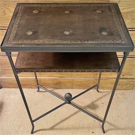 Vtg 2-Tier Wood Shelving Metal Side Table with Metal Top Accents