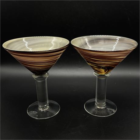 Pair of Vtg Blown Art Glass Brown Swirl Martini Glasses