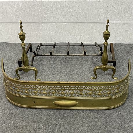 Brass Fireplace Fender with Andirons and Grate