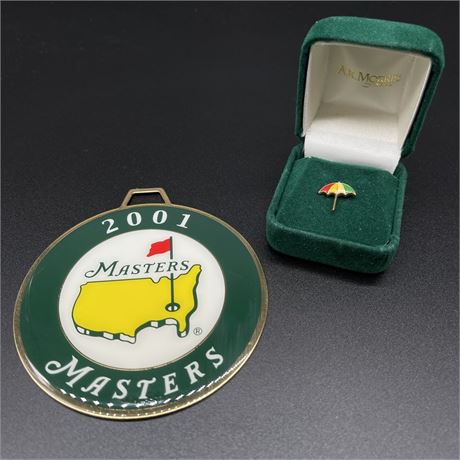 2001 Masters Golf Bag Tag w/ Arnold Palmer Umbrella Lapel Pin