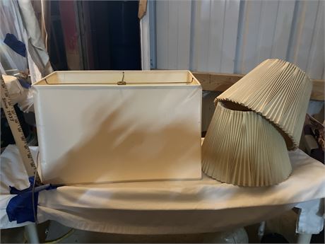 3 lampshades (one large/beige, two matching/beige/ribbed)