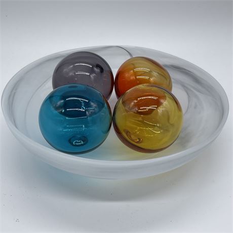 Vintage Blown Glass Balls in Frosted Swirl Centerpiece Bowl