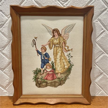 Wall Hanging Framed Cross-Stitched Guardian Angel