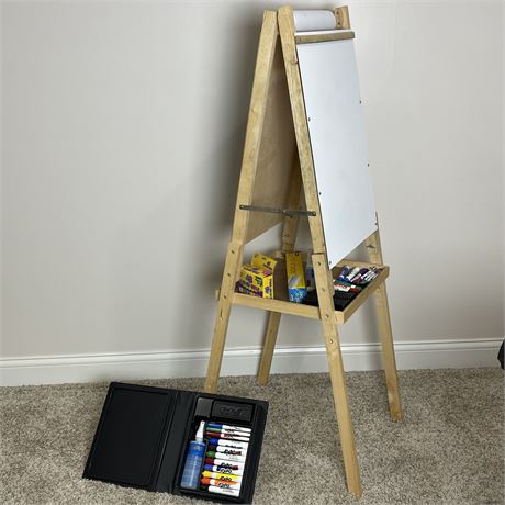 Double Sided Chalkboard and Dry Erase Easel with Contents