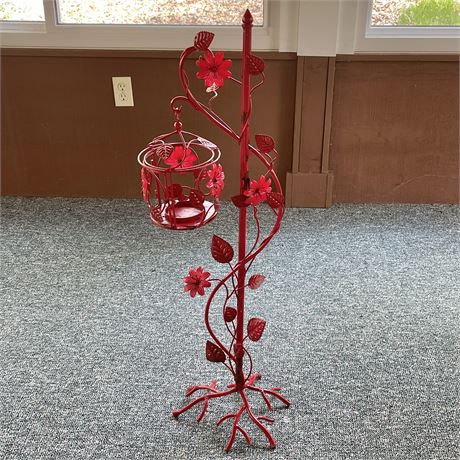 Red Wrought Iron Decorative Freestanding Bird Cage Style Candle Holder