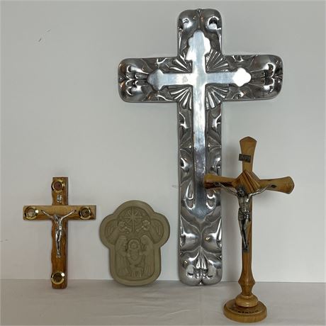 Crucifix with Holy Land Elements, Pewter, Nativity Scene and Table-top Crosses