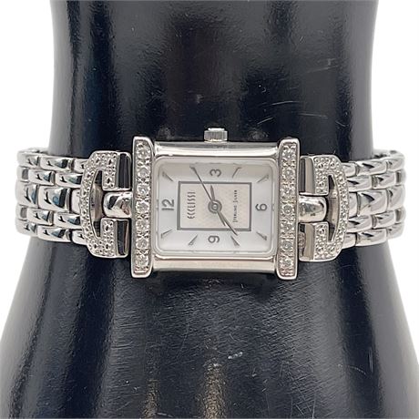 Vtg Ecclissi Sterling Silver Mother-of-Pearl Dial & Diamond Accents Wristwatch