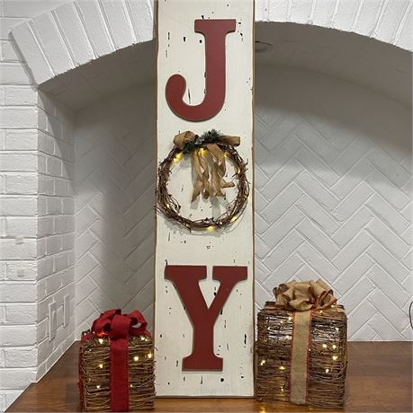 Lighted Wood "JOY" Sign & Nesting Lighted Presents