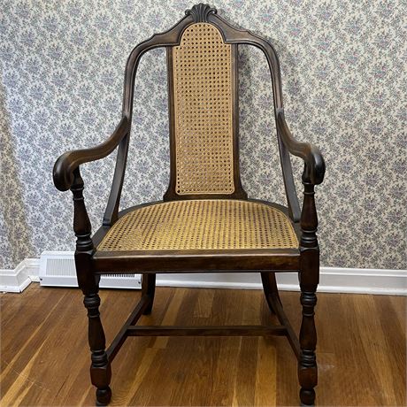 Antique Solid Wood Accent Armchair w/ Cane Seating