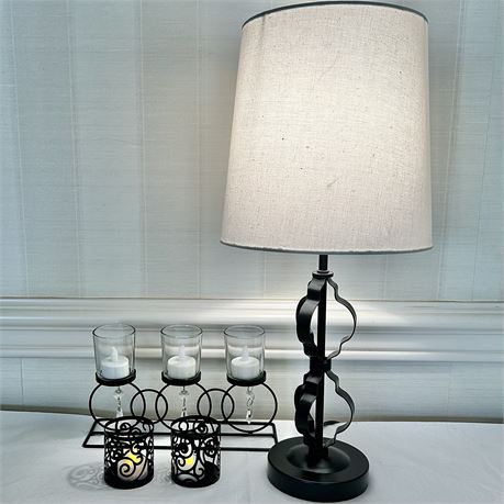 Home Decor w/ Iron Candle Holders, Battery Operated Candles and Lamp