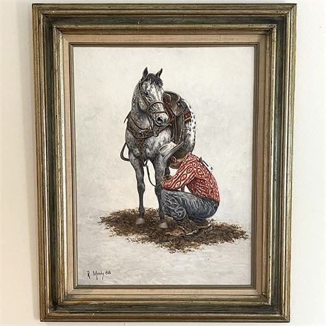 Signed Richard Moody 1988 Framed Horse & Cowboy Oil Painting