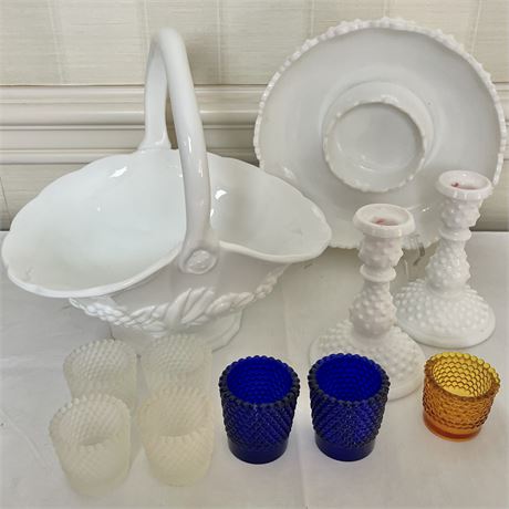 Fenton Hobnail Milk Glass Candlesticks, Chip & Dip & Other Hobnail Accent Decor