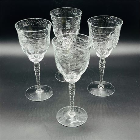 Etched & Cut Glass Stemware Set of Four Wine Glasses (8")