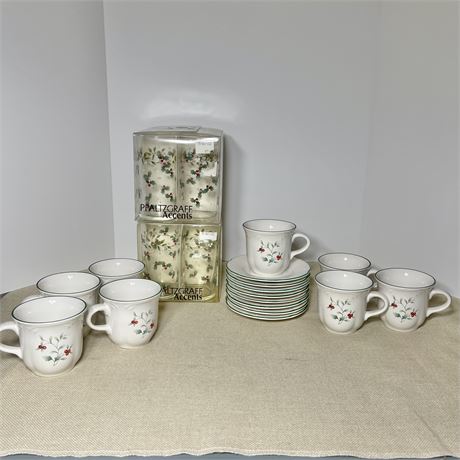 Setting for 8 "Winterberry" Teacups & Saucers w/ Drinking Glasses
