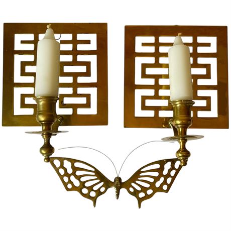 Brass Wall Sconce Candle Holders with Coordinated Butterfly Wall Hanging
