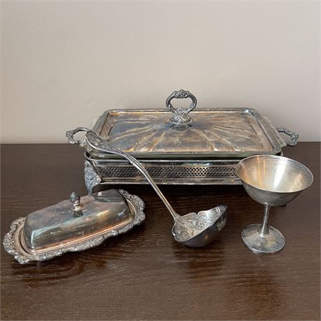 Vintage Silver-Plated Serveware w/ Anchor Hocking Glass Dish