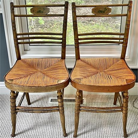 Pair of Antique Rush Seated Painted Faux Bamboo Chairs
