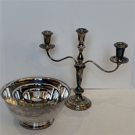 Silver-Plate Paul Revere Nesting Bowls w/ Weighted Three Arm Candlestick