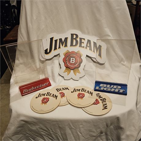 Jim Beam bourbon, alongside items for Budweiser and Bud Light. table tent
