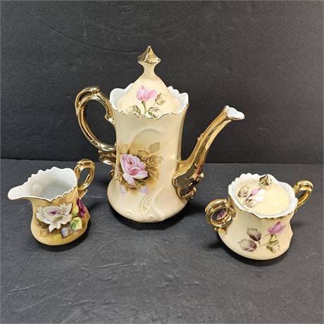 Lefton Heritage Brown Rose Coffee or Chocolate Pot with Creamer and Sugar Set