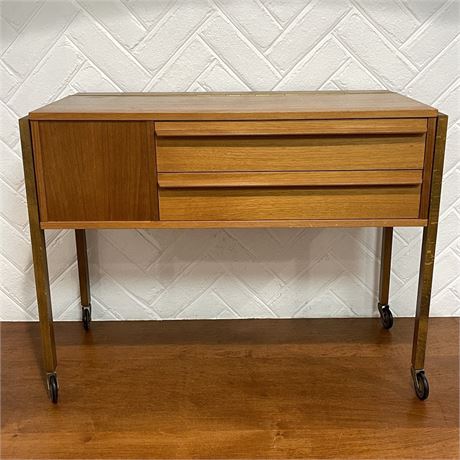 Mid Century Danish Teak Sewing Cabinet on Wheels