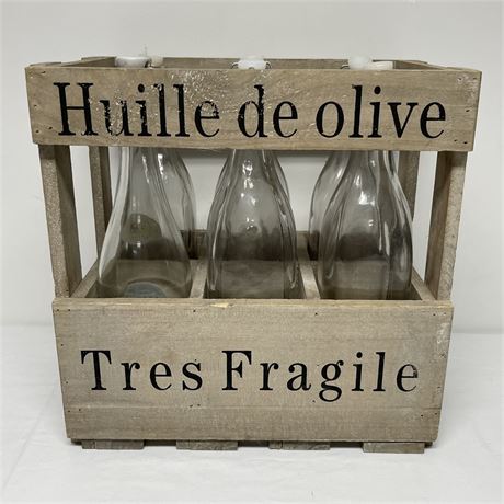 Huille De Olive Wood Crate with Six Glass Bottles