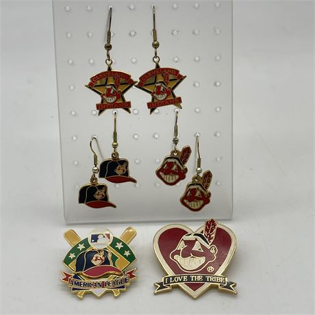 Collection of Chief Wahoo Cleveland Indians Pins and Earrings