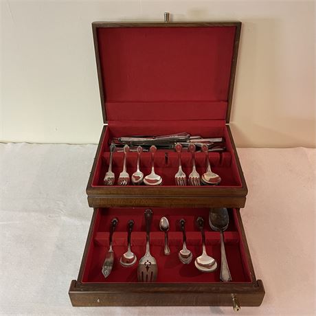 Silver Plated Flatware Set with Unmatched Wooden Storage Box