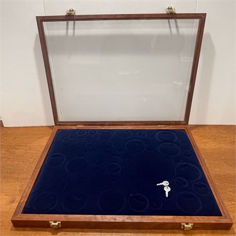 Locking Display Case with Hinged Glass Top and Blue Velvet Interior
