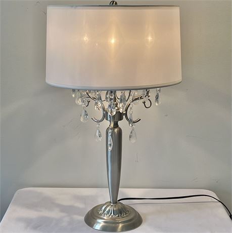 Silver Toned Metal Table Lamp w/ Dangling Crystal Accents