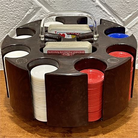 Vtg Poker Chip Carousel w/ Chips and Card Sets