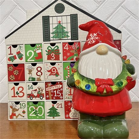 House Shaped Advent Calendar & Lighted Ceramic Gnome Figurine