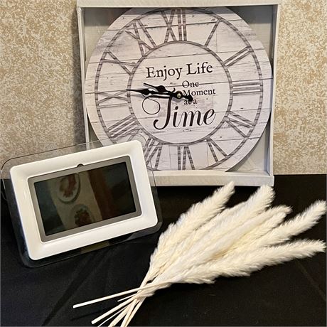 NIB Clock, Coby 7" Digital Photo Frame w/ MP3 Player, and Artificial Pampas