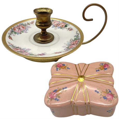 Vtg Brass & Porcelain Chamberstick & Hand-Painted Ceramic Lidded Trinket Box