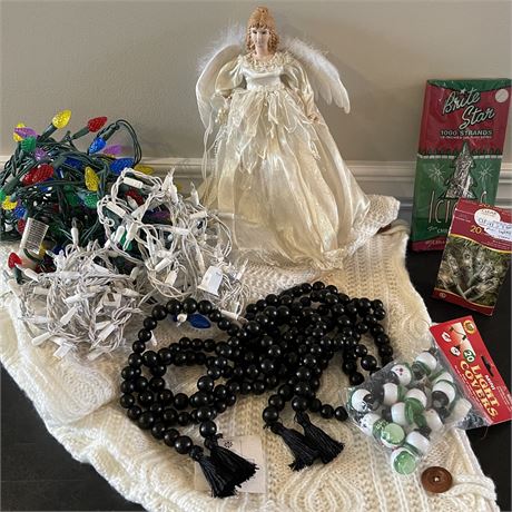 Crocheted Tree Skirt w/ Light Strands, Angel Tree Topper, Tinsel & More