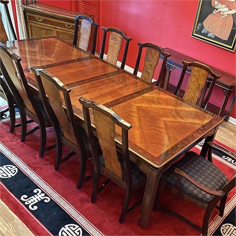 Broyhill Premier Collection Solid Wood Table w/ 2 Leaves & 10 Upholstered Chairs