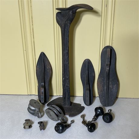 Vintage Collectables w/ Shoe Maker Stand, Shoe Stretchers, Pulleys & Knobs