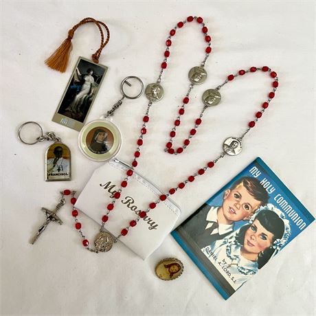 Red Glass Bead Rosary, 1951 Holy Communion Booklet, Keychains, Pin and Bookmark