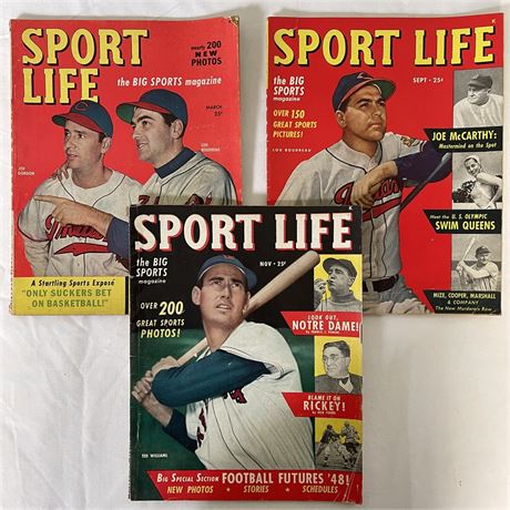 1948 and 1949 Sport Life Magazines w/ Joe Gordon, Ted Williams and Lou Boudreau