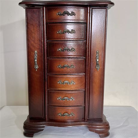 Vtg Wood 7-Drawer 2-Door Jewelry Organizing Box